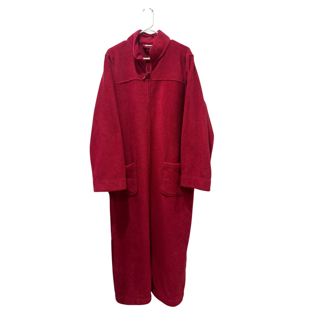 LL Bean Fleece Robe Womens 1X Red Full Zip Long Sleeve Pocket Housecoat Z98089